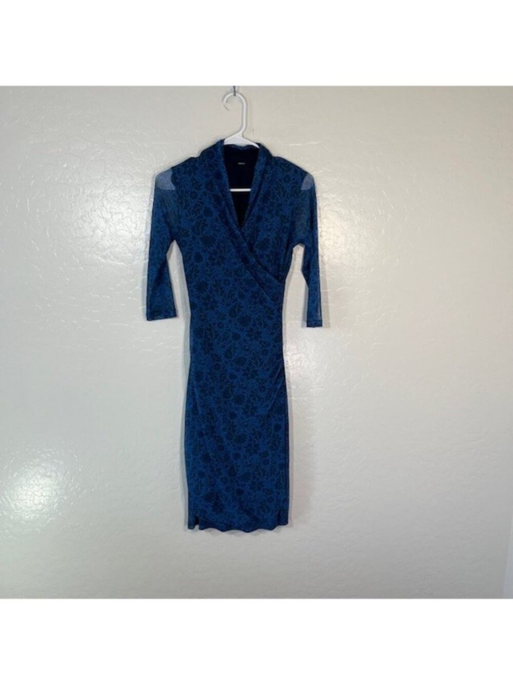 Betabrand Dress Womens Small Mesh Faux Wrap 3/4 Sleeve Blue Floral Career